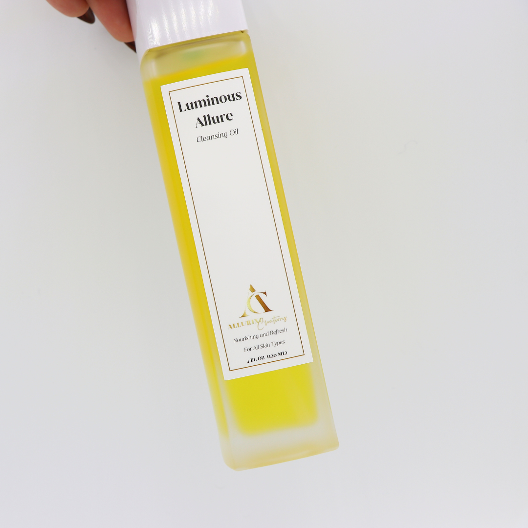 Luminous Allure cleansing oil by Alluring Creations, the best cleansing oil for makeup removal in a clear frosted bottle