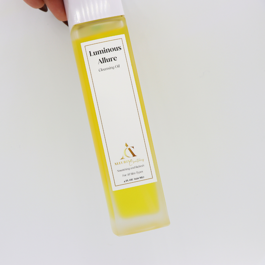 Luminous Allure cleansing oil by Alluring Creations, the best cleansing oil for makeup removal in a clear frosted bottle